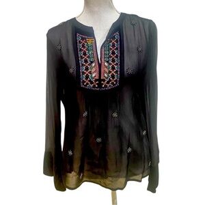 Velvet sheer black beaded embroidered split neck bell sleeve velvet cuff small